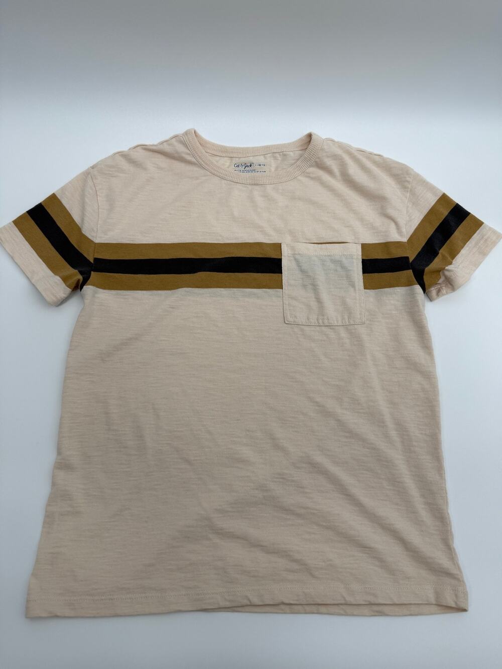 Cat & Jack Boys Pocket Stripe T Shirt Large 10 12 Cream Short Sleeve Casual Tee